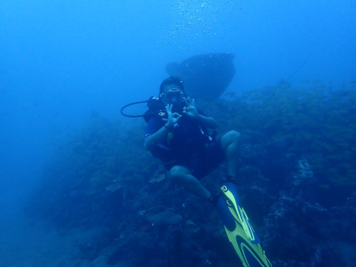 happy diver in front of gient vase sponge