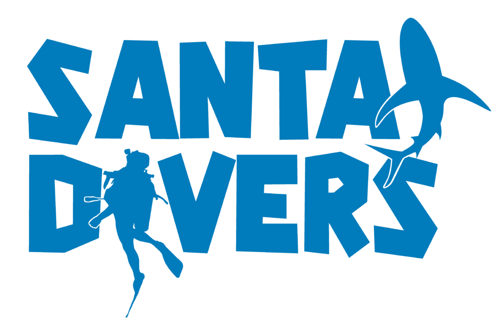 Santai Divers logo with a shark and a diver instead of the letter I